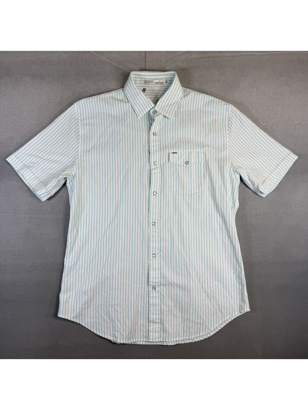 Criquet Seersucker Pearl Snap Shirt Mens Large Blue White Striped Lightweight